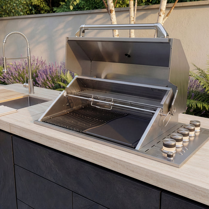 Monarch Linear Outdoor Kitchen with 4 Burner Gas Grill, Sink and Single Fridge