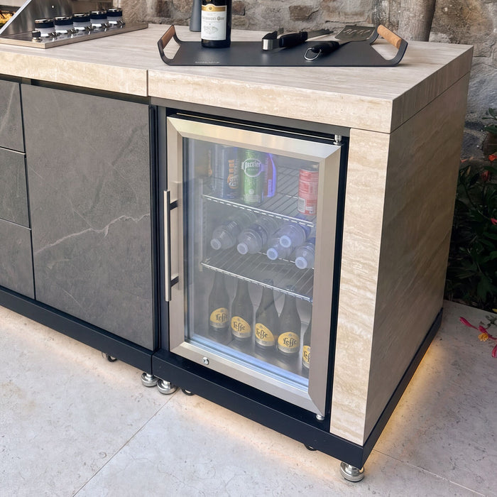 Monarch Linear Outdoor Kitchen with 4 Burner Gas Grill Sink and Single Fridge
