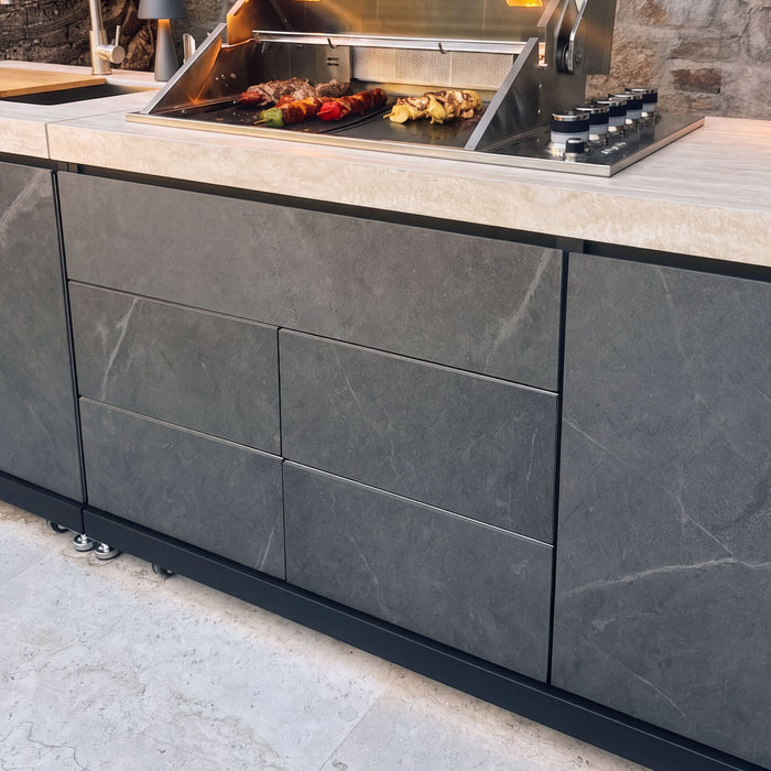 Monarch Linear Outdoor Kitchen with 4 Burner Gas Grill Sink and Single Fridge