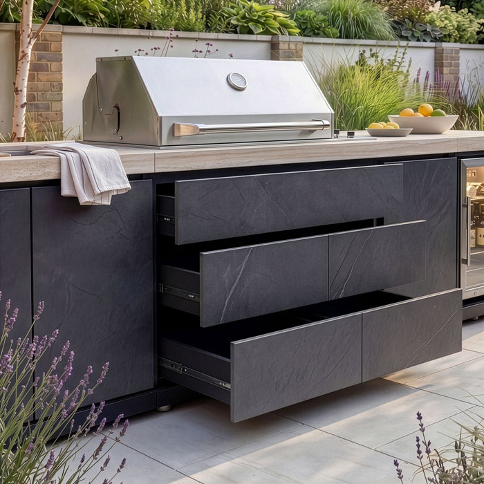 Monarch Linear Outdoor Kitchen with 4 Burner Gas Grill Sink and Single Fridge