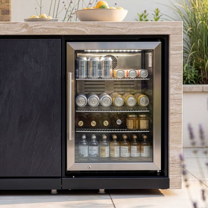 Monarch Linear Outdoor Kitchen with 4 Burner Gas Grill Sink and Single Fridge