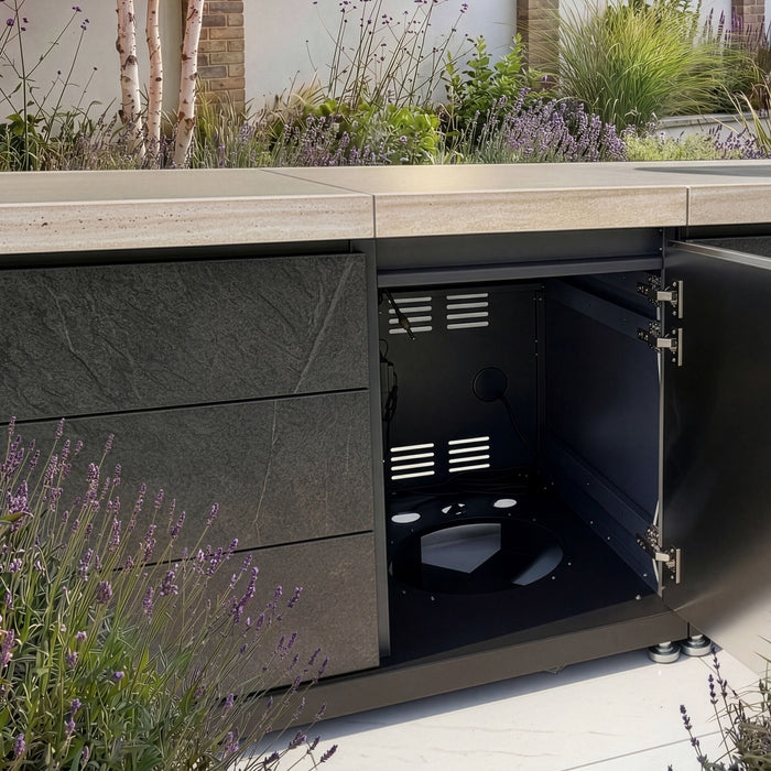 Monarch Linear Outdoor Kitchen with 4 Burner Gas Grill Sink and Single Fridge