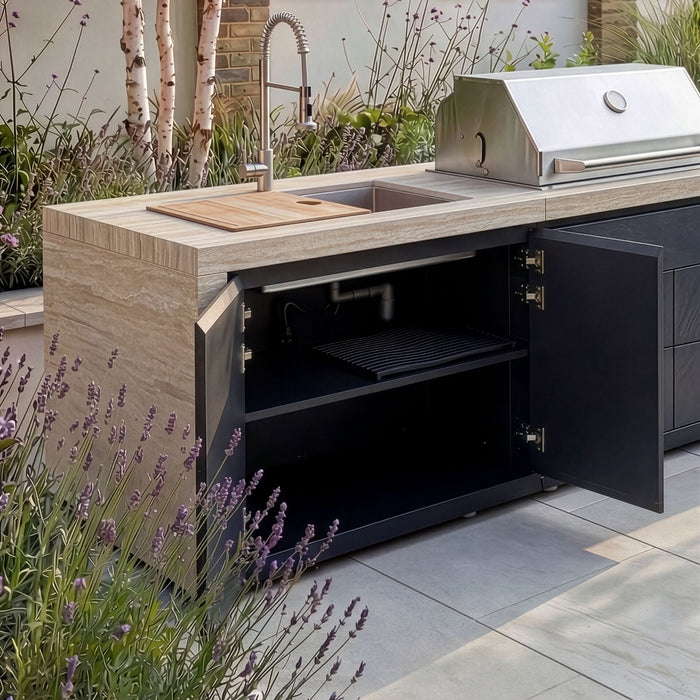 Monarch Linear Outdoor Kitchen with 4 Burner Gas Grill Sink and Single Fridge