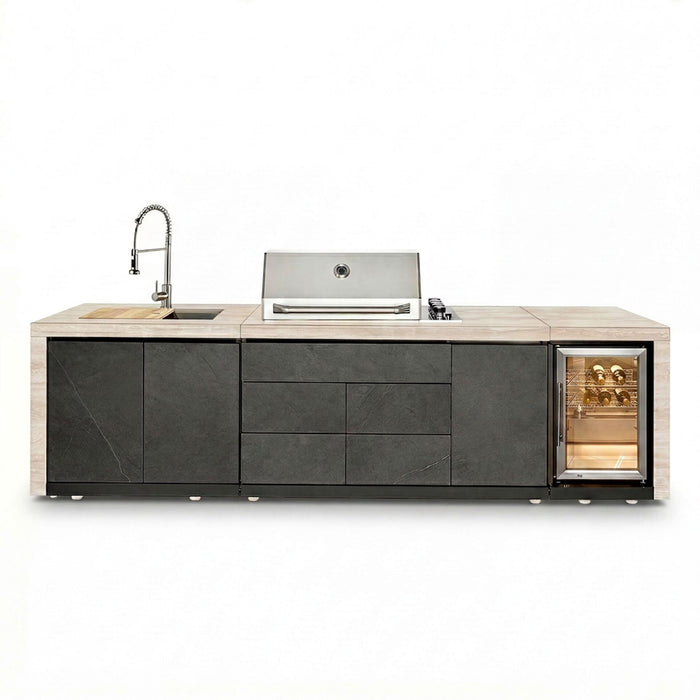 Monarch Linear Outdoor Kitchen with 4 Burner Gas Grill Sink and Single Fridge