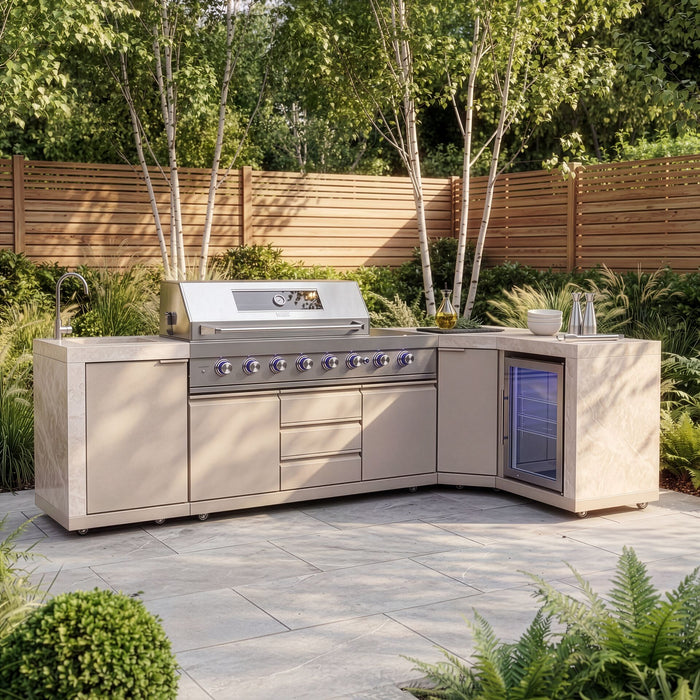 Ember Corner Outdoor Kitchen with 6 Burner Gas Grill, Sink and Fridge