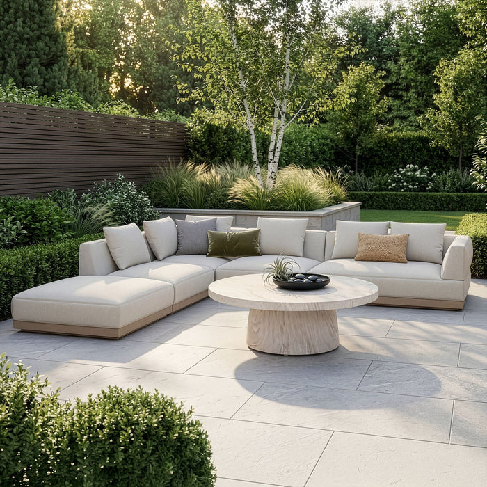 Outdoor Fabric Lyon Left-Handed Large Corner Sofa Set with Round Table - Pebble