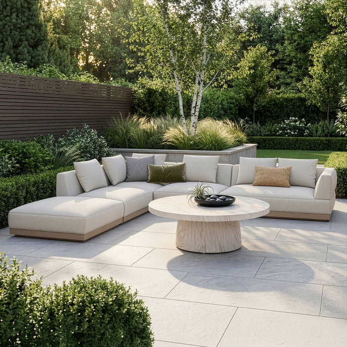 Outdoor Fabric Lyon Left-Handed Large Corner Sofa Set with Round Table - Pebble