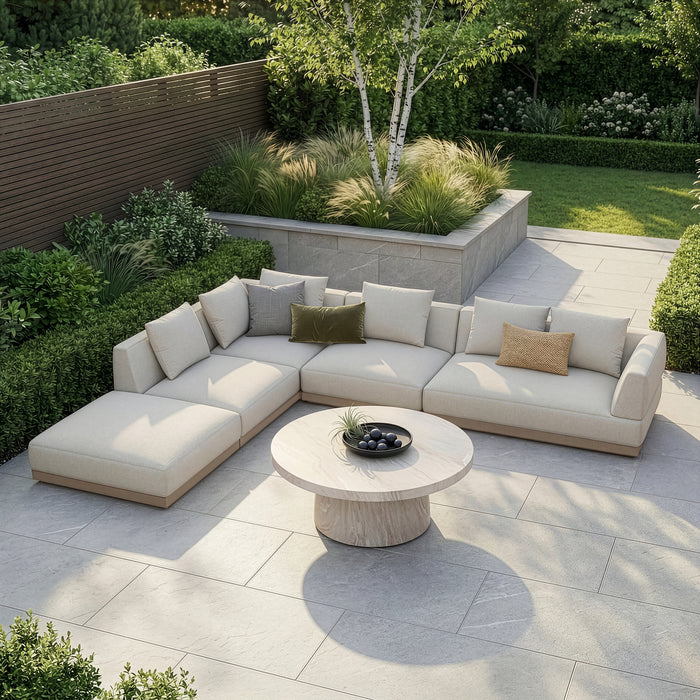 Outdoor Fabric Lyon Left-Handed Large Corner Sofa Set with Round Table - Pebble