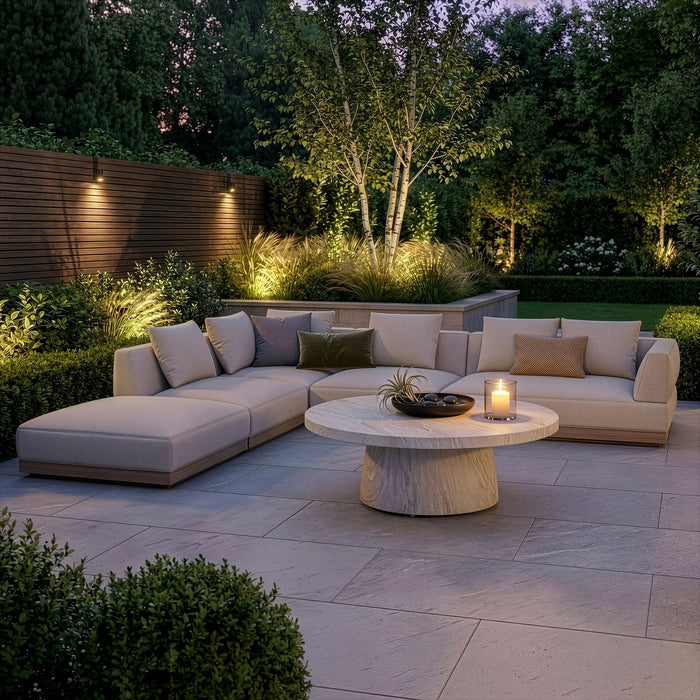 Outdoor Fabric Lyon Left-Handed Large Corner Sofa Set with Round Table - Pebble