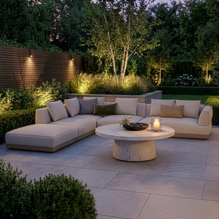 Outdoor Fabric Lyon Left-Handed Large Corner Sofa Set with Round Table - Pebble