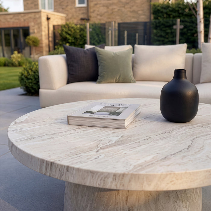 Outdoor Fabric Lyon Left-Handed Large Corner Sofa Set with Round Table - Pebble