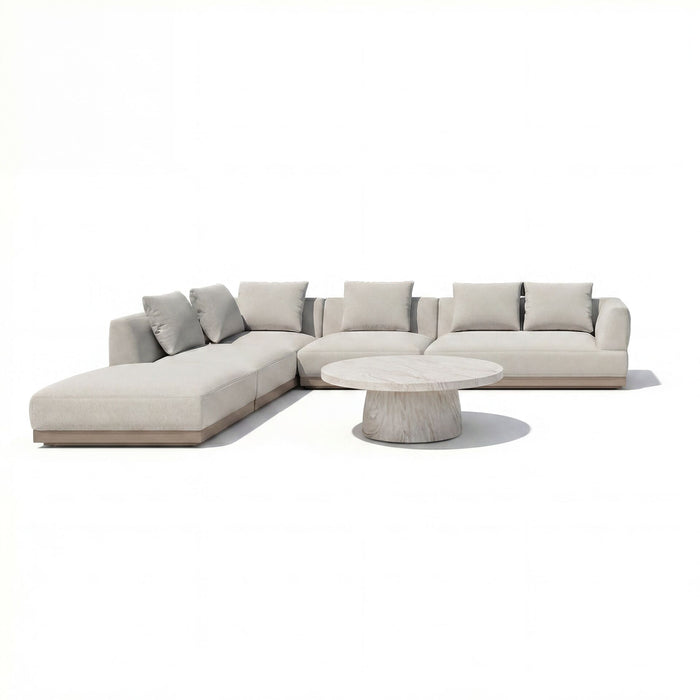 Outdoor Fabric Lyon Left-Handed Large Corner Sofa Set with Round Table - Pebble