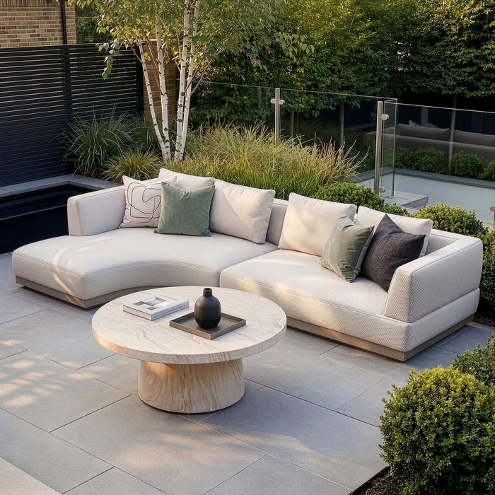 Outdoor Fabric Lyon Left-Handed Small Corner Sofa Set with Round Table - Pebble