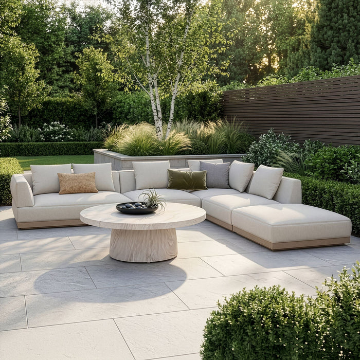 Outdoor Fabric Lyon Large Corner Sofa Set with Round Table - Pebble