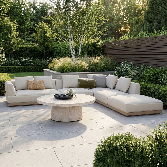 Outdoor Fabric Lyon Large Corner Sofa Set with Round Table - Pebble