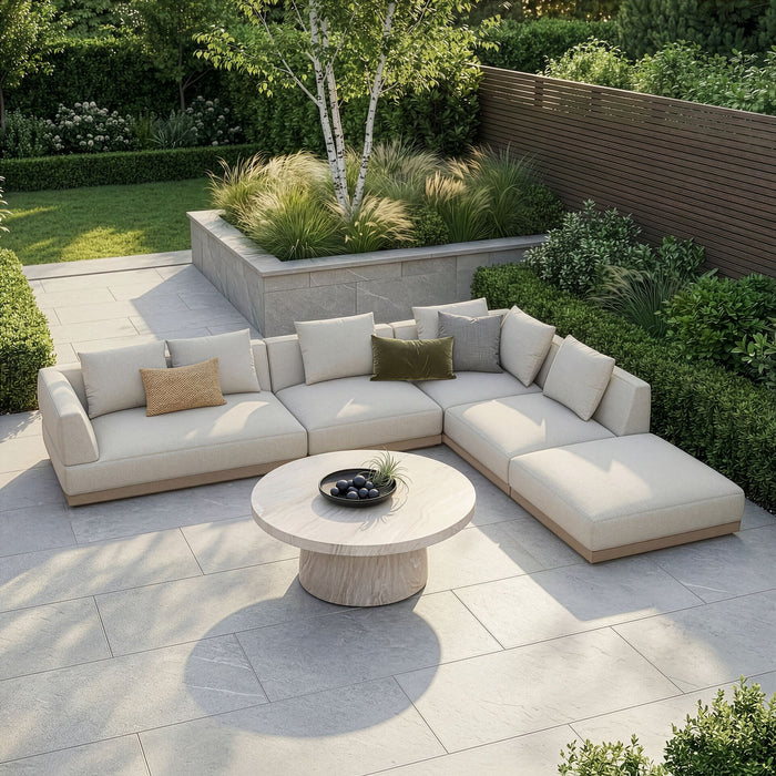 Outdoor Fabric Lyon Large Corner Sofa Set with Round Table - Pebble