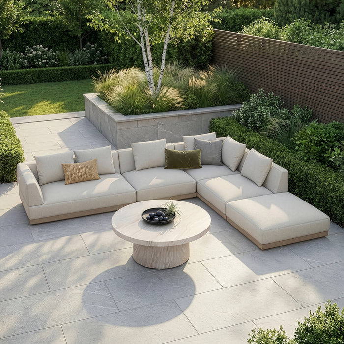Outdoor Fabric Lyon Large Corner Sofa Set with Round Table - Pebble