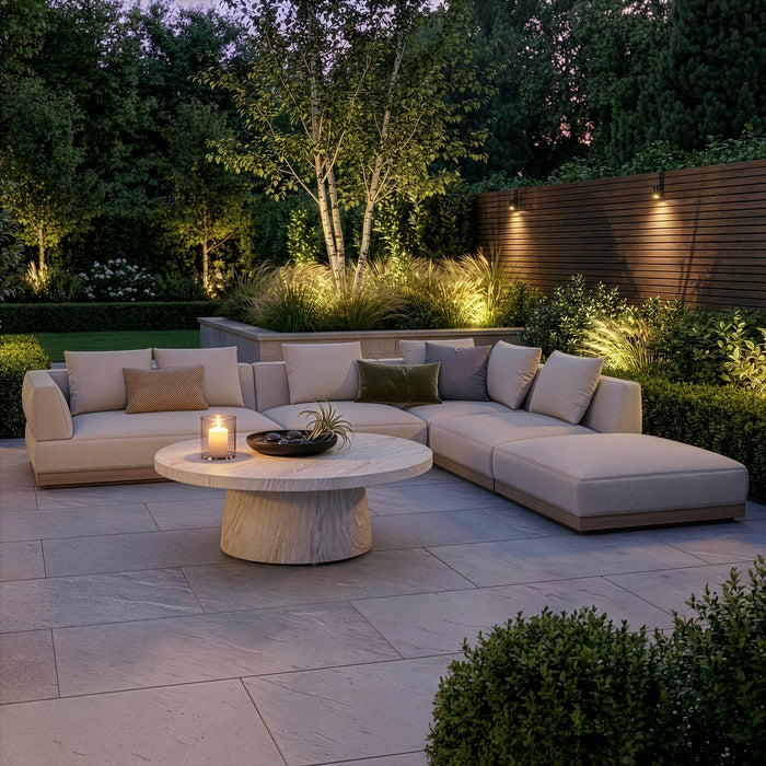 Outdoor Fabric Lyon Large Corner Sofa Set with Round Table - Pebble