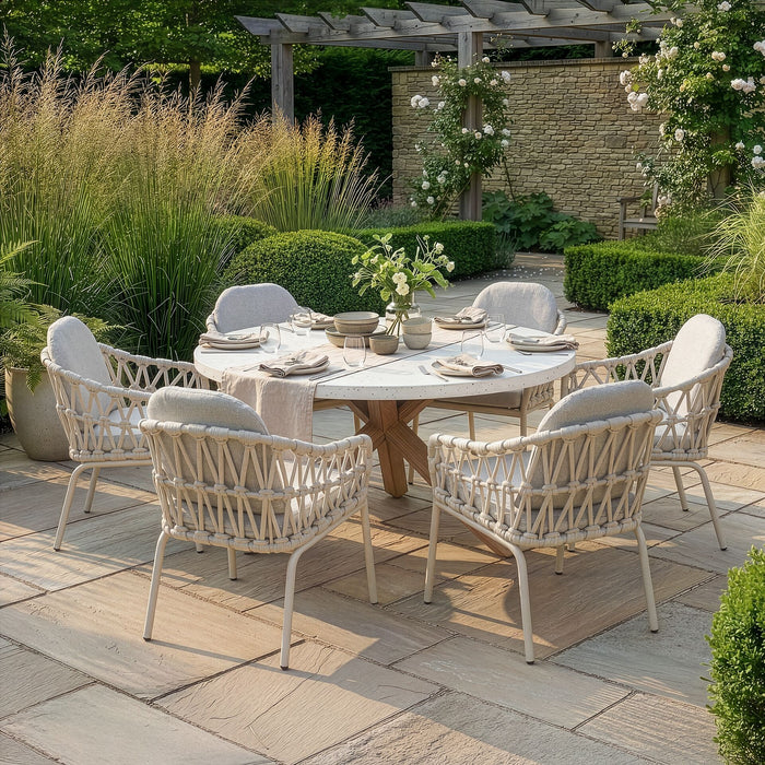 Antigua 6 Seat Round Dining Set with Sicily Open Rope Weave Dining Chairs - Latte