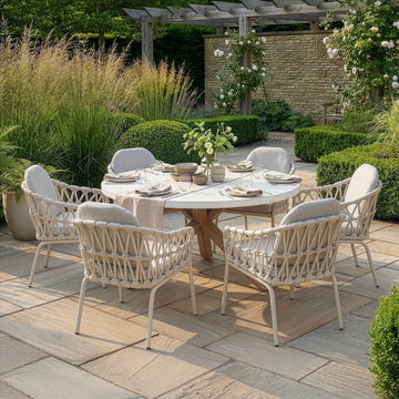 Antigua 6 Seat Round Dining Set with Sicily Open Rope Weave Dining Chairs - Latte