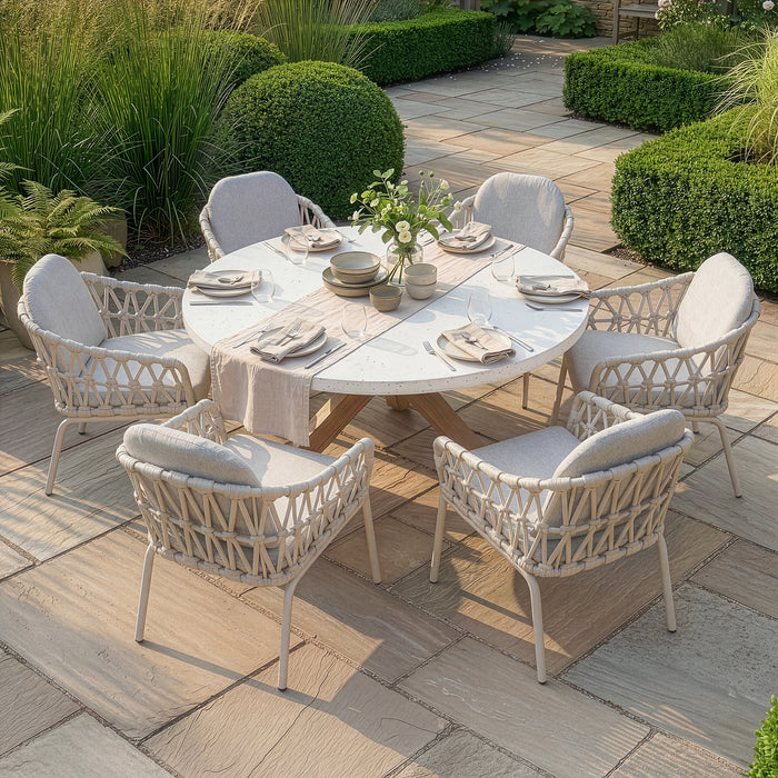 Antigua 6 Seat Round Dining Set with Sicily Open Rope Weave Dining Chairs - Latte