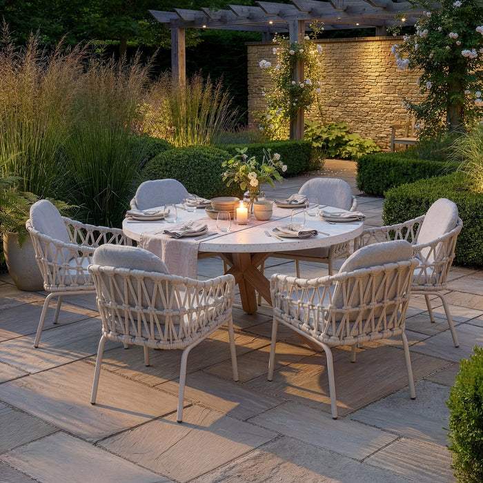 Antigua 6 Seat Round Dining Set with Sicily Open Rope Weave Dining Chairs - Latte