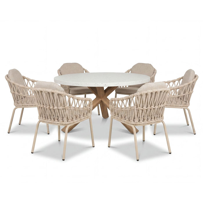 Antigua 6 Seat Round Dining Set with Sicily Open Rope Weave Dining Chairs - Latte