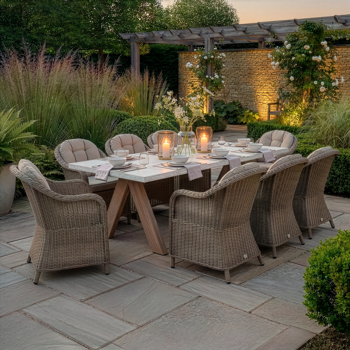 Antigua 8 Seat Rectangular Dining Set with Winchester Heritage Rattan Dining Chairs