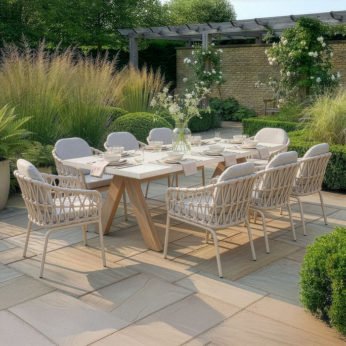 Antigua 8 Seat Rectangular Dining Set with Sicily Open Rope Weave Dining Chairs - Latte