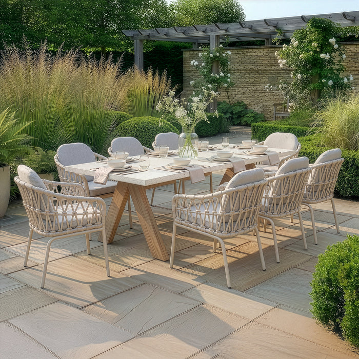 Antigua 8 Seat Rectangular Dining Set with Sicily Open Rope Weave Dining Chairs - Latte