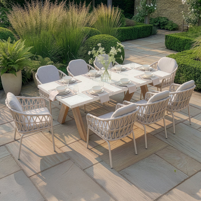 Antigua 8 Seat Rectangular Dining Set with Sicily Open Rope Weave Dining Chairs - Latte