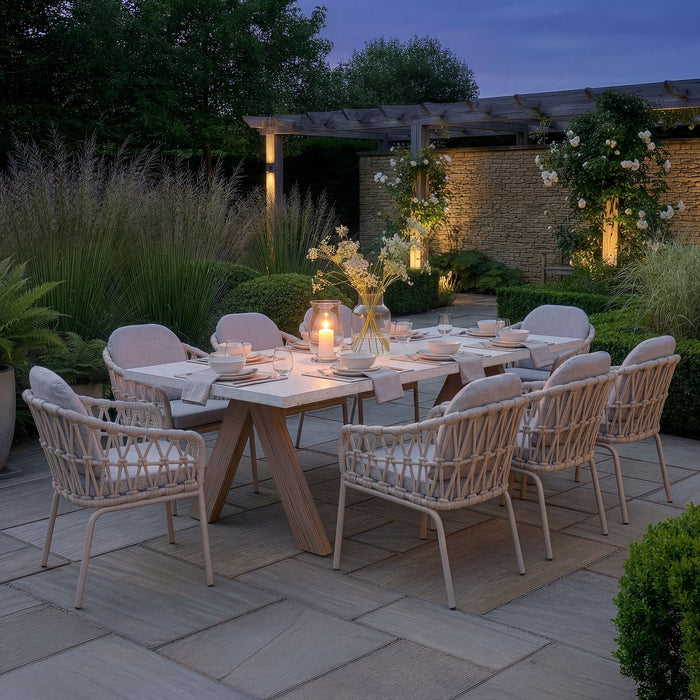 Antigua 8 Seat Rectangular Dining Set with Sicily Open Rope Weave Dining Chairs - Latte