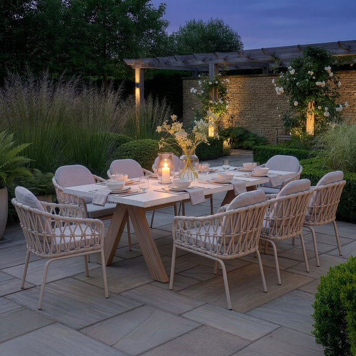 Antigua 8 Seat Rectangular Dining Set with Sicily Open Rope Weave Dining Chairs - Latte