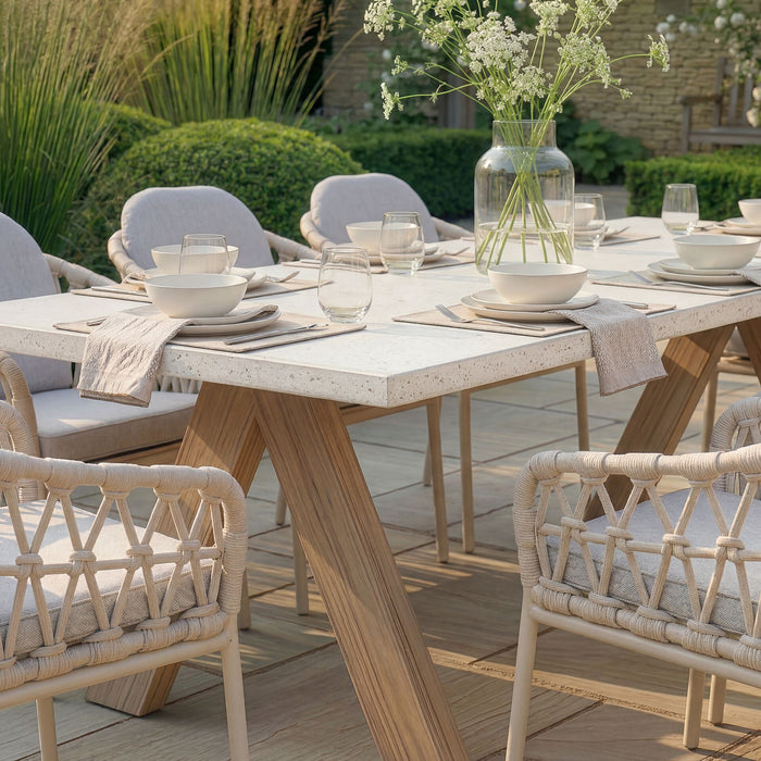 Antigua 8 Seat Rectangular Dining Set with Sicily Open Rope Weave Dining Chairs - Latte