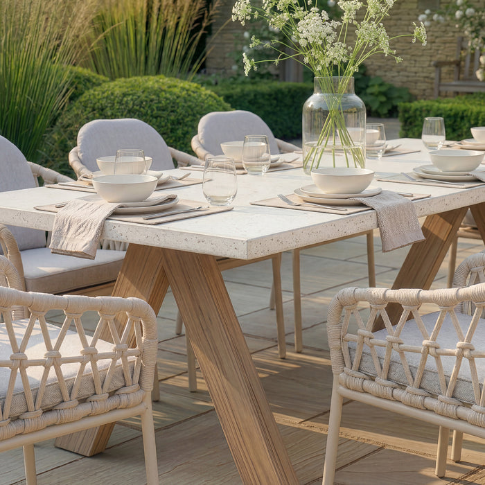 Antigua 8 Seat Rectangular Dining Set with Sicily Open Rope Weave Dining Chairs - Latte