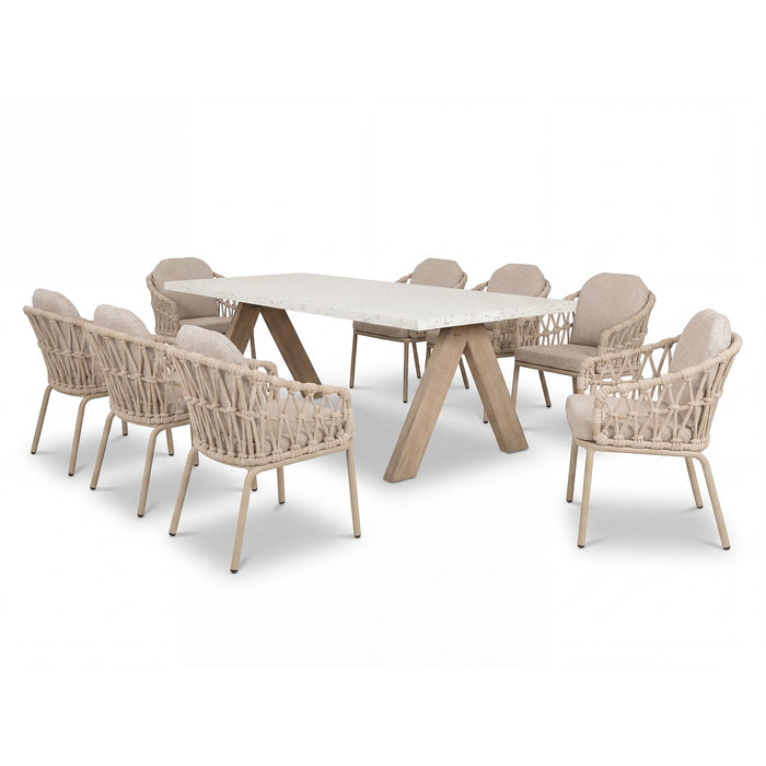 Antigua 8 Seat Rectangular Dining Set with Sicily Open Rope Weave Dining Chairs - Latte