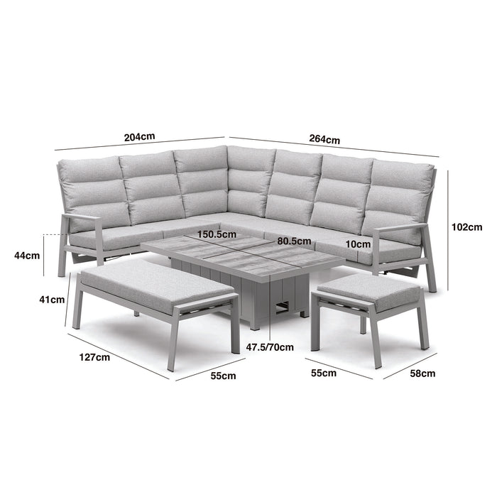Valencia Reclining Aluminium Corner Garden Dining Set with Rising Table Footstools & Bench - Latte