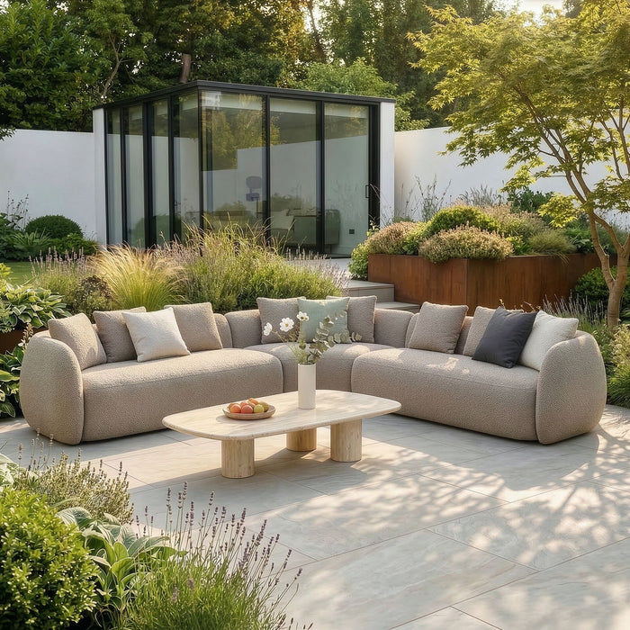 Outdoor Fabric Monte Carlo Left-Handed Large Corner Sofa Set - Greige Boucle