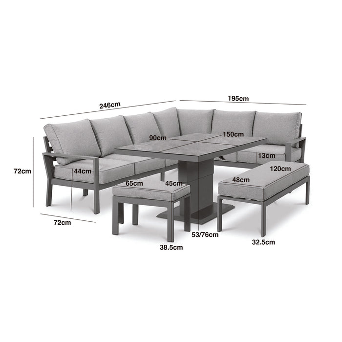 Montreal Aluminium Large Garden Corner Dining Set with Rectangular Rising Table Footstool & Bench - Cool Linen