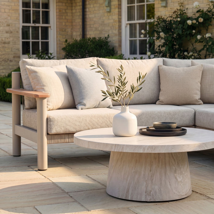 Sicily Rope Weave Small Corner Sofa Set with Round Marble Effect Coffee Table - Latte