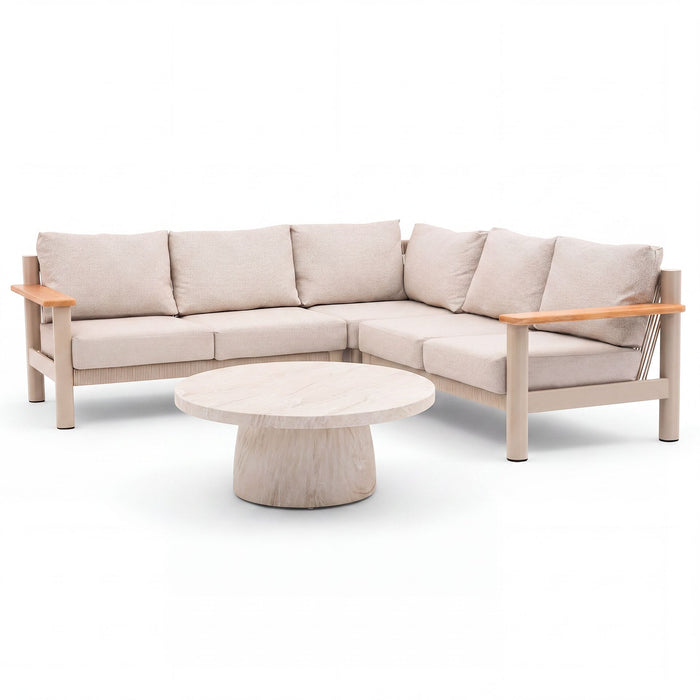 Sicily Rope Weave Small Corner Sofa Set with Round Marble Effect Coffee Table - Latte