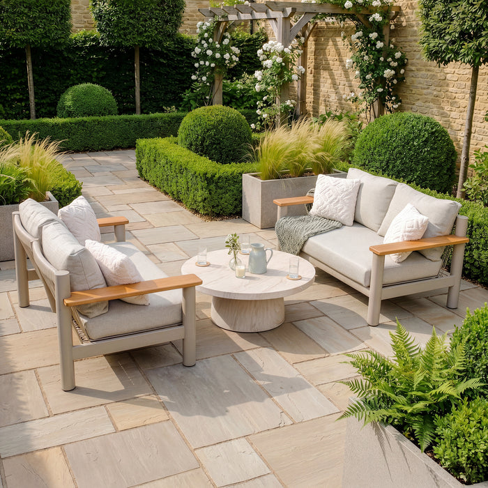 Sicily Rope Weave Garden Sofa Set with Round Marble Effect Coffee Table & 2x 2 Seat Sofas - Latte