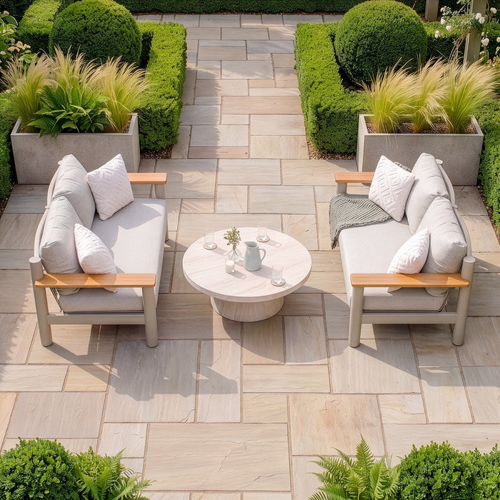 Sicily Rope Weave Garden Sofa Set with Round Marble Effect Coffee Table & 2x 2 Seat Sofas - Latte