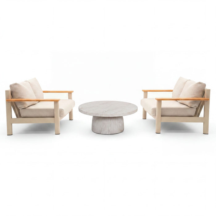 Sicily Rope Weave Garden Sofa Set with Round Marble Effect Coffee Table & 2x 2 Seat Sofas - Latte