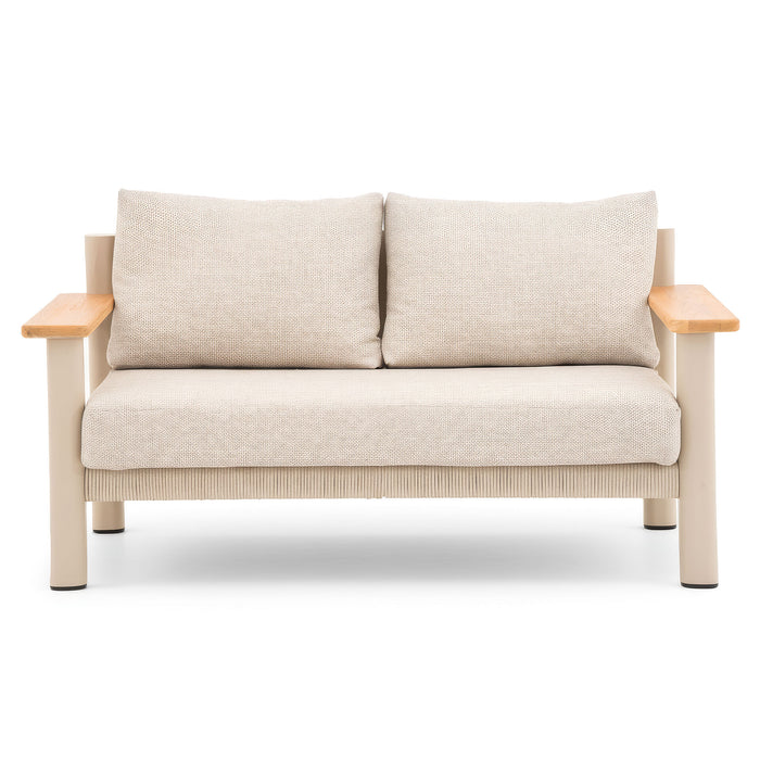 Sicily Rope Weave Garden Sofa Set with Round Marble Effect Coffee Table & 2x 2 Seat Sofas - Latte