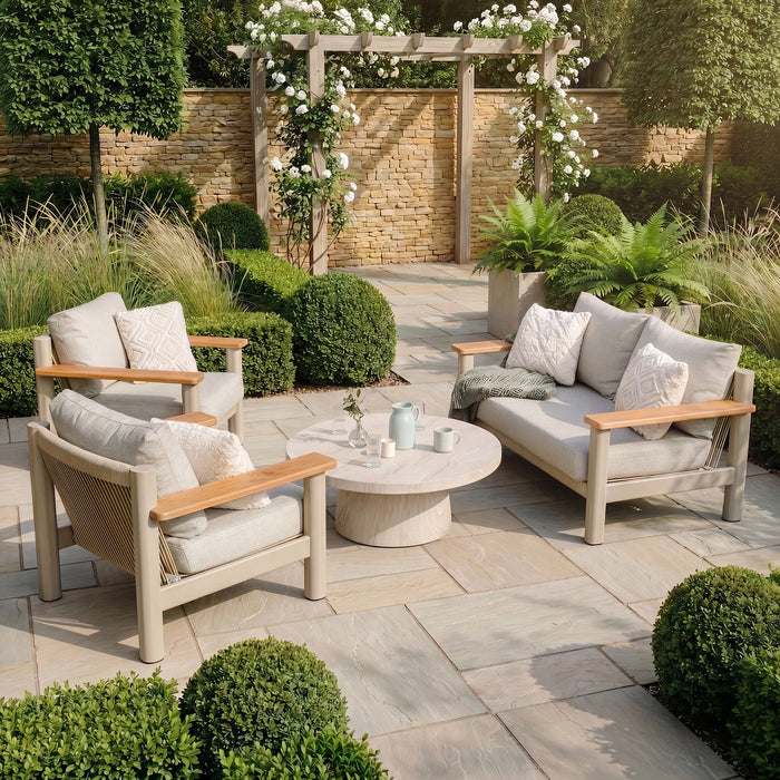 Sicily Rope Weave 2 Seat Sofa with 2 Armchairs & Round Marble Effect Coffee Table - Latte