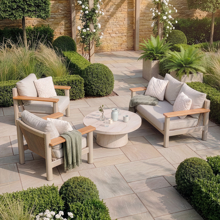 Sicily Rope Weave 2 Seat Sofa with 2 Armchairs & Round Marble Effect Coffee Table - Latte