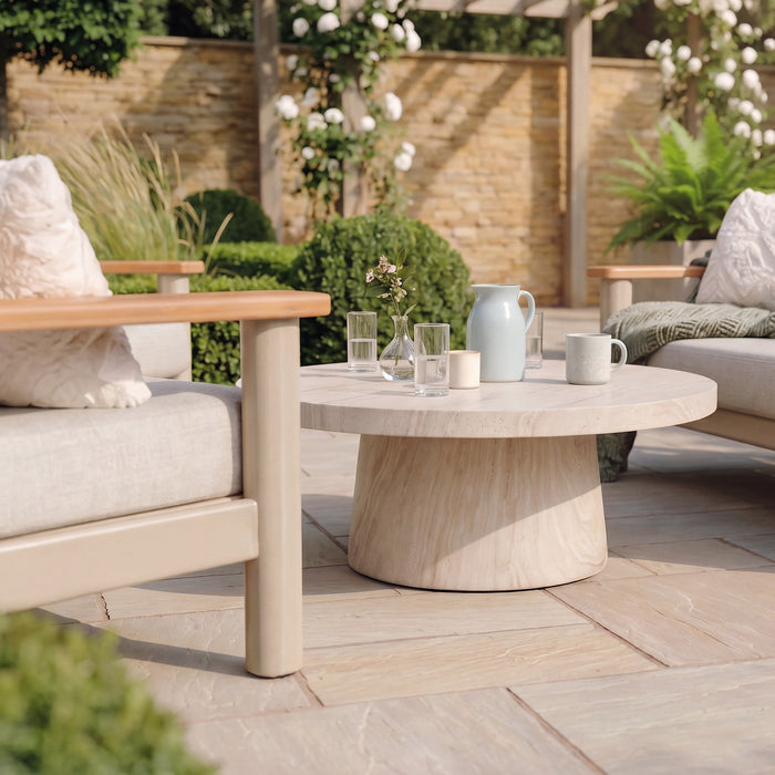 Sicily Rope Weave 2 Seat Sofa with 2 Armchairs & Round Marble Effect Coffee Table - Latte