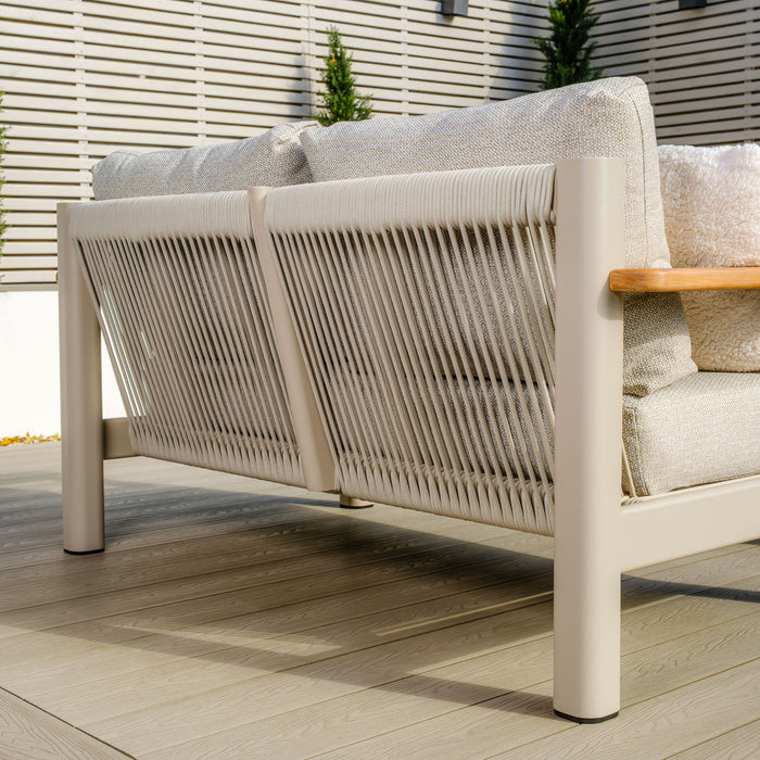 Sicily Rope Weave 2 Seat Sofa with 2 Armchairs & Round Marble Effect Coffee Table - Latte