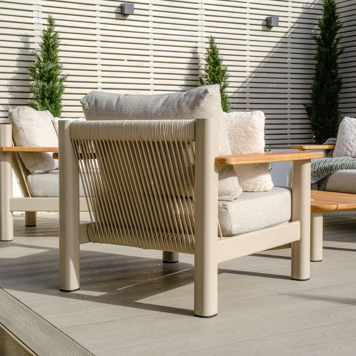 Sicily Rope Weave 2 Seat Sofa with 2 Armchairs & Round Marble Effect Coffee Table - Latte
